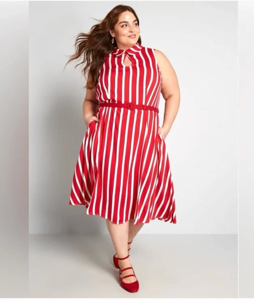 Modcloth X Collectif Posh Your Luck Red Striped Sleeveless Dress size 14